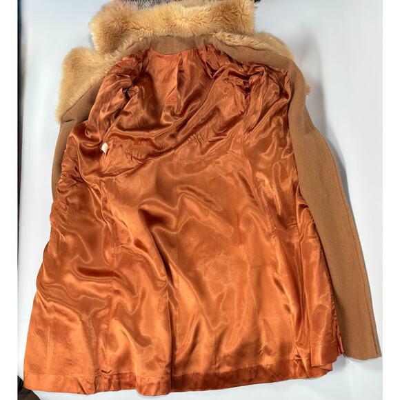 60s 70s Vintage Wool Coat Belted Camel Fur Collar & Cuffs Hooded Jacket Mob Wife - Picture 8 of 16